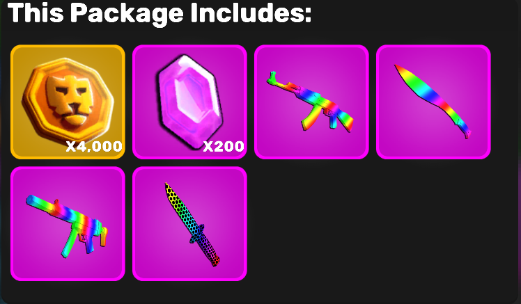 Package includes 4,000 coins, 200 gems, and four rainbow weapons